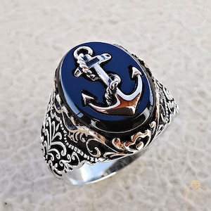 Men Silver Sailor Anchor Statement Ring, Black Onyx Gemstone Engraved Navy Marine Band, Pirate Vintage Customized Signet Jewelry Gift 925