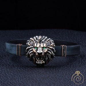 Mens Lion Bracelet, Leather Bracelet For Men, Silver Lion Head Bracelet, Handmade Mid Century Jewelry, Antique Statement Bracelet Cool Gift