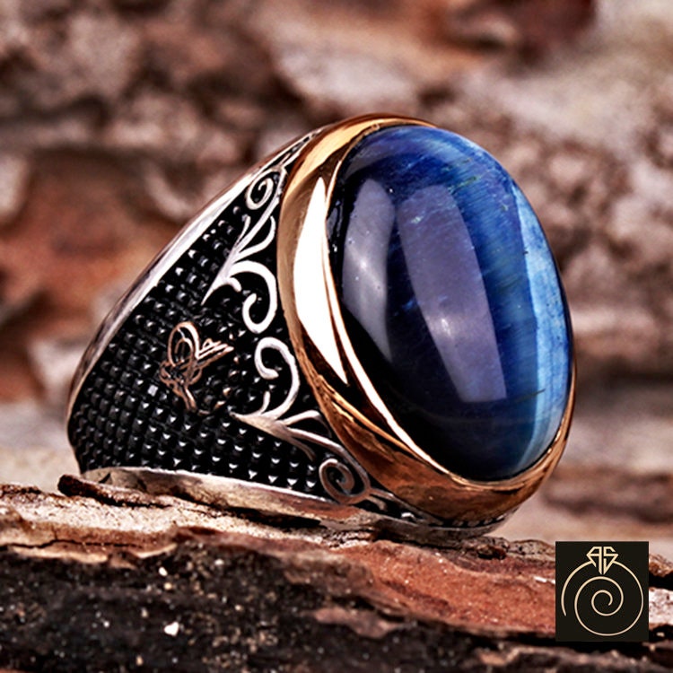 Mens Tiger Eye Ring, Silver Blue Gemstone Empire Symbol Engagement