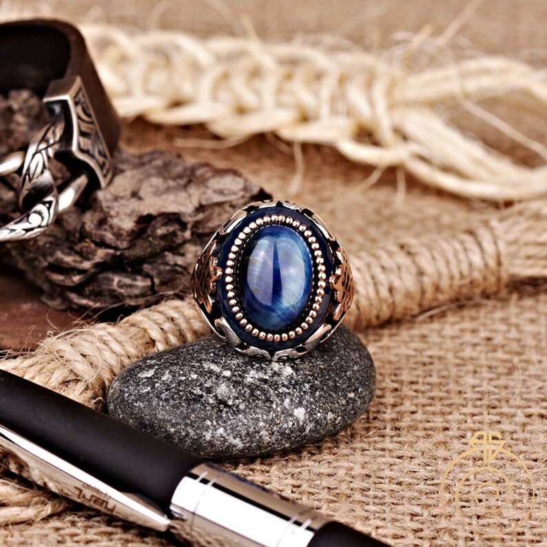 Celtic Knot Ring Signet Cool Mens Custom Jewelry Mens Infinity Ring With Blue Tiger Eye Stone Vintage Silver Gemstone Anniversary Ring