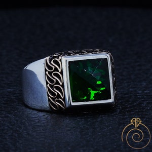 Men's Emerald Green Square Stone Engagement Ring Handmade Engraved Silver Promise Ring Art Nouveau Ring Renaissance Anniversary Jewelry