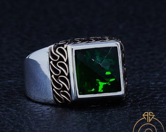 Men's Emerald Green Square Stone Engagement Ring Handmade Engraved Silver Promise Ring Art Nouveau Ring Renaissance Anniversary Jewelry