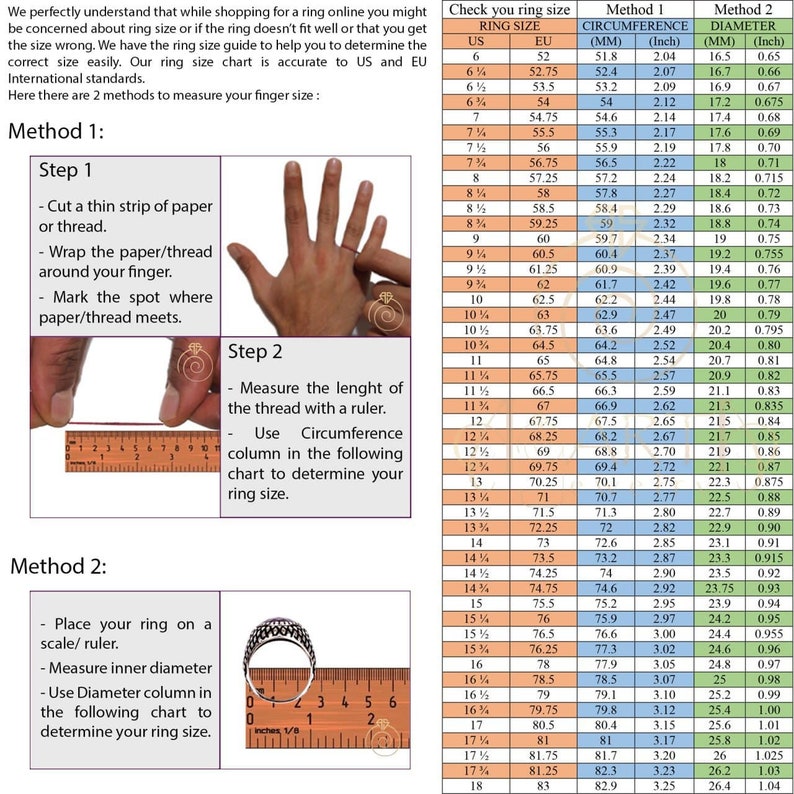 Pu&ograve; includere: Un grafico che mostra due metodi per misurare la taglia dell'anello. Il primo metodo utilizza un pezzo di carta o un filo per misurare la circonferenza del dito. Il secondo metodo utilizza un righello per misurare il diametro interno di un anello. Il grafico include le taglie degli anelli degli Stati Uniti e dell'UE, la circonferenza in millimetri e pollici e il diametro in millimetri e pollici.