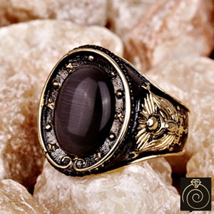 Unique Ottoman Heraldic Mens Ring Onyx Gemstone Vintage Stone Band For Warrior Engraved Custom Family Crest Men Jewelry Black Stone Cool