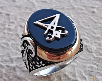 Einzigartiger Herren Sigil Of Lucifer Ring für Männer Schwarzer Onyx Edelstein Mann Schmuck Satanist Silber graviert Teufel Siegel des Satans Ring Symbol Signet