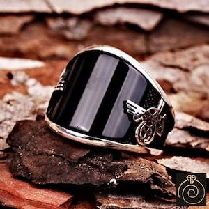 Men’s Onyx Sterling Silver Cocktail Ring, Indestructible Flashy Black Stone Marriage Infinity Band, Wide Design Turkish Empire Jewelry Gift