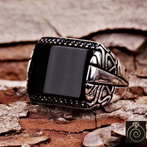 Men’s Onyx Anniversary Ring, Authentic Sterling Silver Black Onyx Gemstone Goth shops Antique Band, Bohemian Rectangle Stone Carved Cool Jewelry