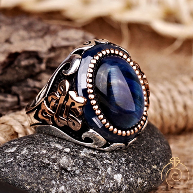 Celtic Knot Ring Signet Cool Mens Custom Jewelry Mens Infinity Ring With Blue Tiger Eye Stone Vintage Silver Gemstone Anniversary Ring