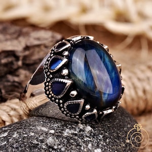 Men’s Blue Tiger’s Eye Promise Ring Vintage Sterling Silver Handmade Gemstone Promise Ring Byzantine Jewelry Celtic Viking Empire Gents Gift