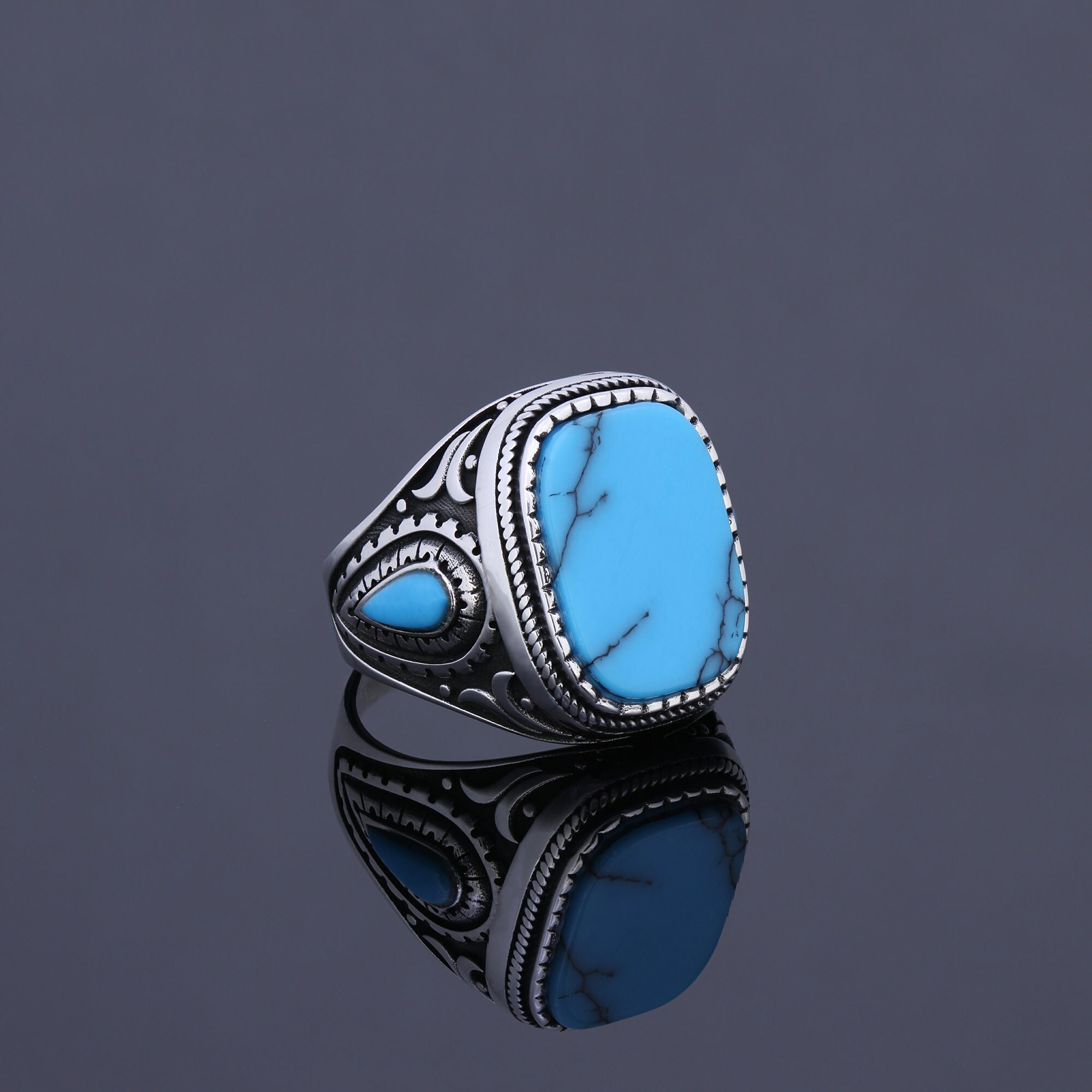 Men Turquoise Navajo Magic Cocktail Ring Unique Engraved - Etsy