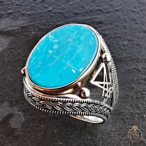 Unique Mens Sigil Of Lucifer Ring For Men Turquoise Gemstone Man Jewelry Satanist Silver Engraved Devil Seal of Satan Ring Symbol Signet