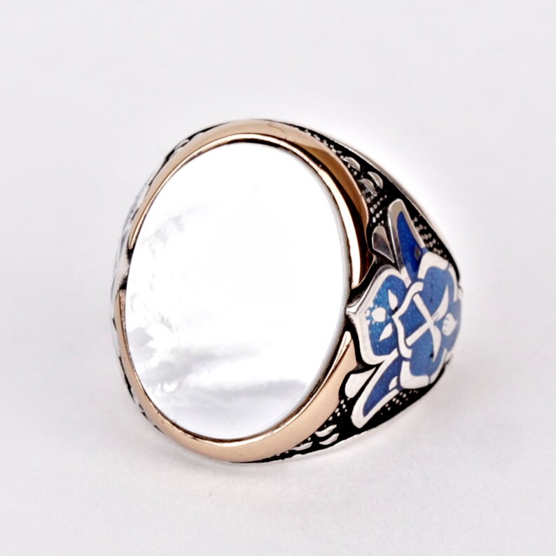 Mens Mother of Pearl Ring Engraved Sterling Silver White Etsy