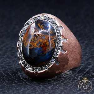 Oval Pietersite Rose Gold Ring, Blue Brown Natural Cabochon Stone Excellent Craftsmanship Jewelry, Capricorn Birthstone Anniversary Gift