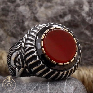 Imperial Heraldic Agate Gemstone Rings Silhouette Ottoman Emperor Sultan Fatih Aqeeq Silver Jewelry Mens Anniversary Band Cool Leadership