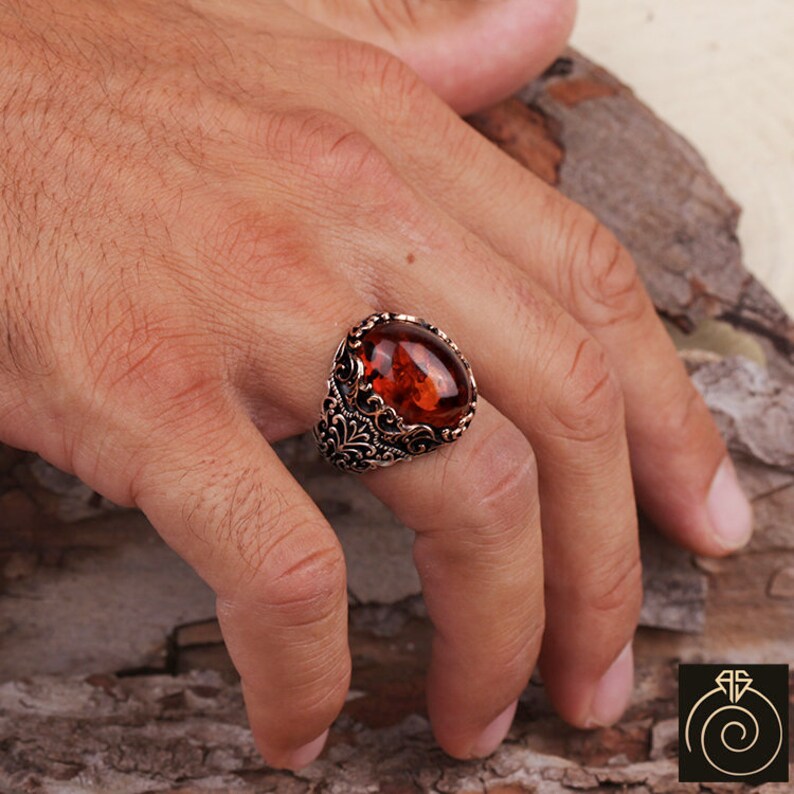 Men's Amber Ring Unique Engraved Sterling Silver Gemstone Etsy