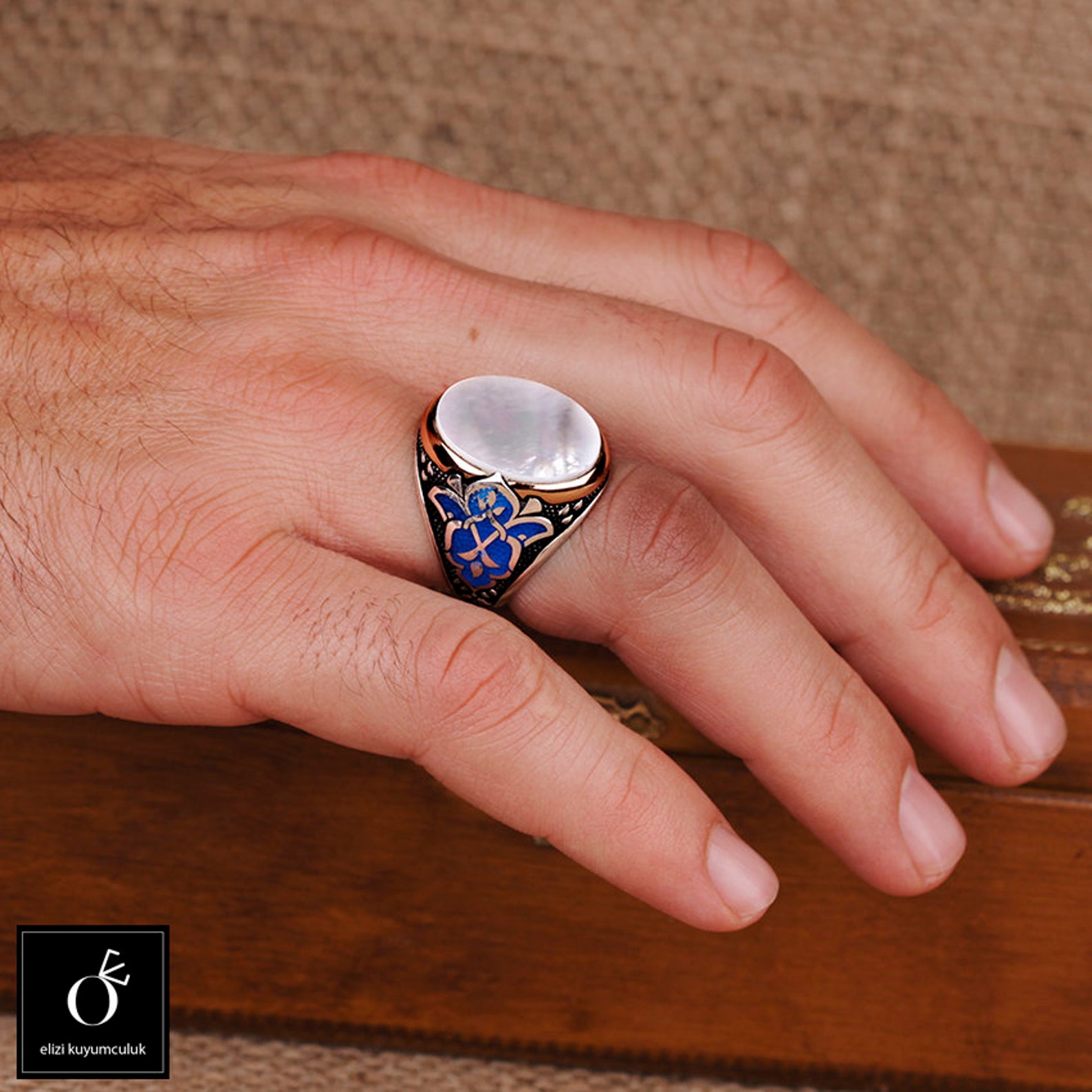 Mens Mother of Pearl Ring Engraved Sterling Silver White Etsy