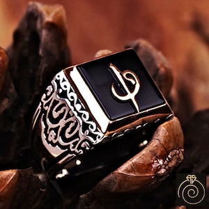 Anillos islámicos para hombres Piedra preciosa Piedra negra Plata musulmana Waw Anillo Hombre Joyería 925 Grabado personalizado Vintage Letter Day Regalo personalizado para él