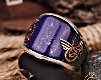 Herren Lapis Sterling Silber Statement Ring, Original Vintage Design Blauer Stein Freund Jubiläum Band, Breite Türkisch Empire Schmuck Geschenk Ihm