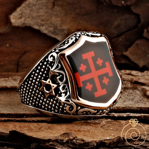 Mens Kingdom of Jerusalem Cross Ring Customized Jewelry Religious Ring Heraldic Cross And Crosslets Shield Six Pointed Star of David Ring