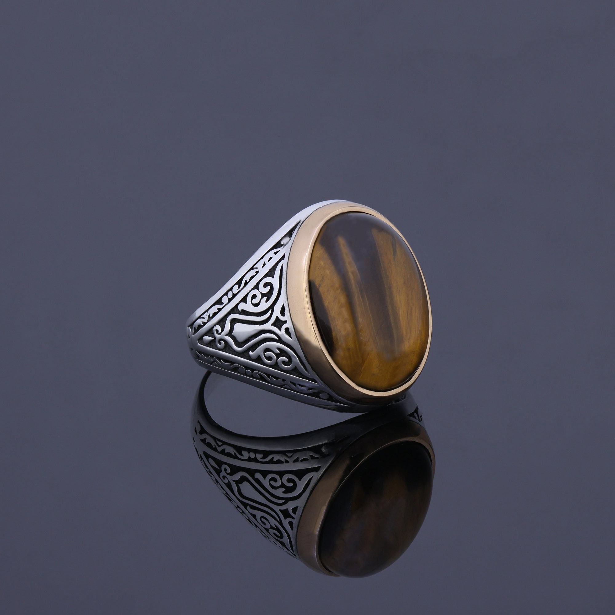 Natural Tiger's Eye Stone 925 Sterling Silver Turkish Handmade Men Ring All Size 