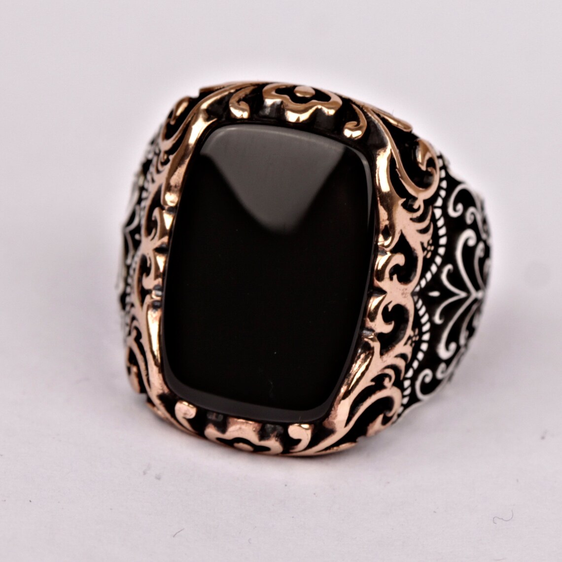 Unique Mens Ring Vintage Onyx Engraved Rectangle Wedding Ring Etsy