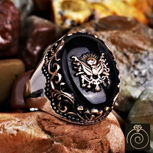 Men’s Onyx Sterling Silver Statement Ring, Original Vintage Design Black Stone Friend Anniversary Band, Wide Turkish Empire Jewelry Gift Him