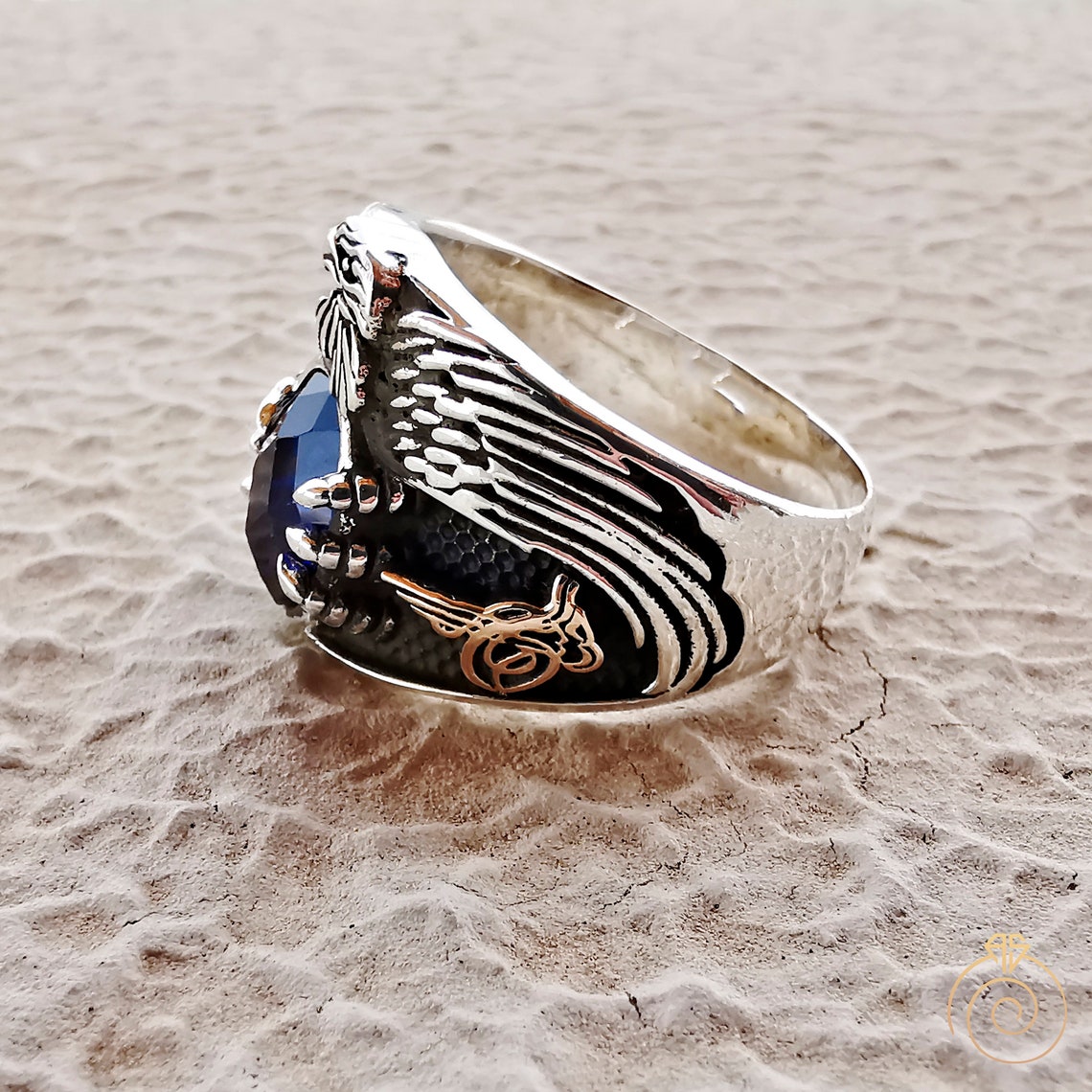 Mens Eagle Ring Silver Sapphire Mason Gift Ring Freedom Blue Etsy