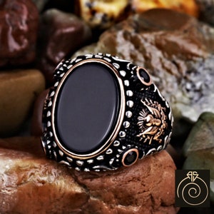 Men’s Onyx Sterling Silver Engagement Ring, Different Sign Black Stone Married Infinity Band, One of A Kind Design Empire Jewelry Gift Him