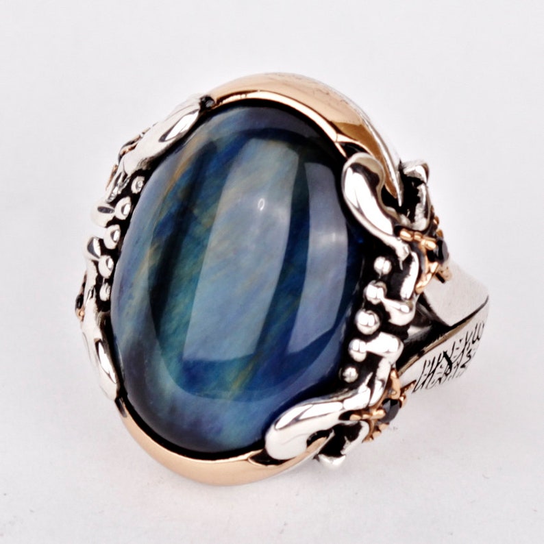 Mens Tigers Eye Anniversary Ring Unique Sterling Silver Blue Etsy