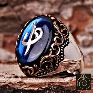 Herren Ring Gravur Muslim Signet Islamischer Buchstaben Ring für Männer Arabisch Alif Waw Herren Schmuck Sterling Silber Vintage Herren Ringe BlauEr Stein Ring