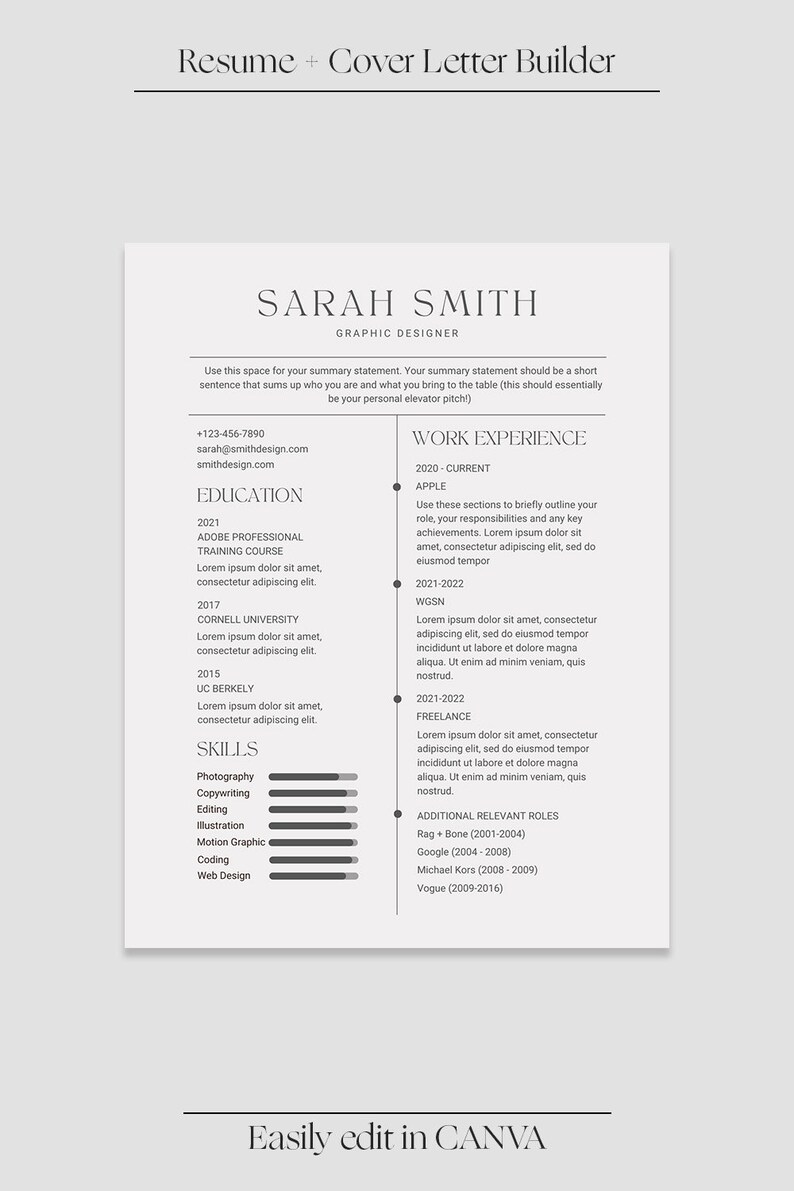 May include: A resume template with the name "SARAH SMITH" and the title "GRAPHIC DESIGNER." The document includes sections for contact information, education, skills, and work experience. The text "Easily edit in CANVA" is at the bottom.