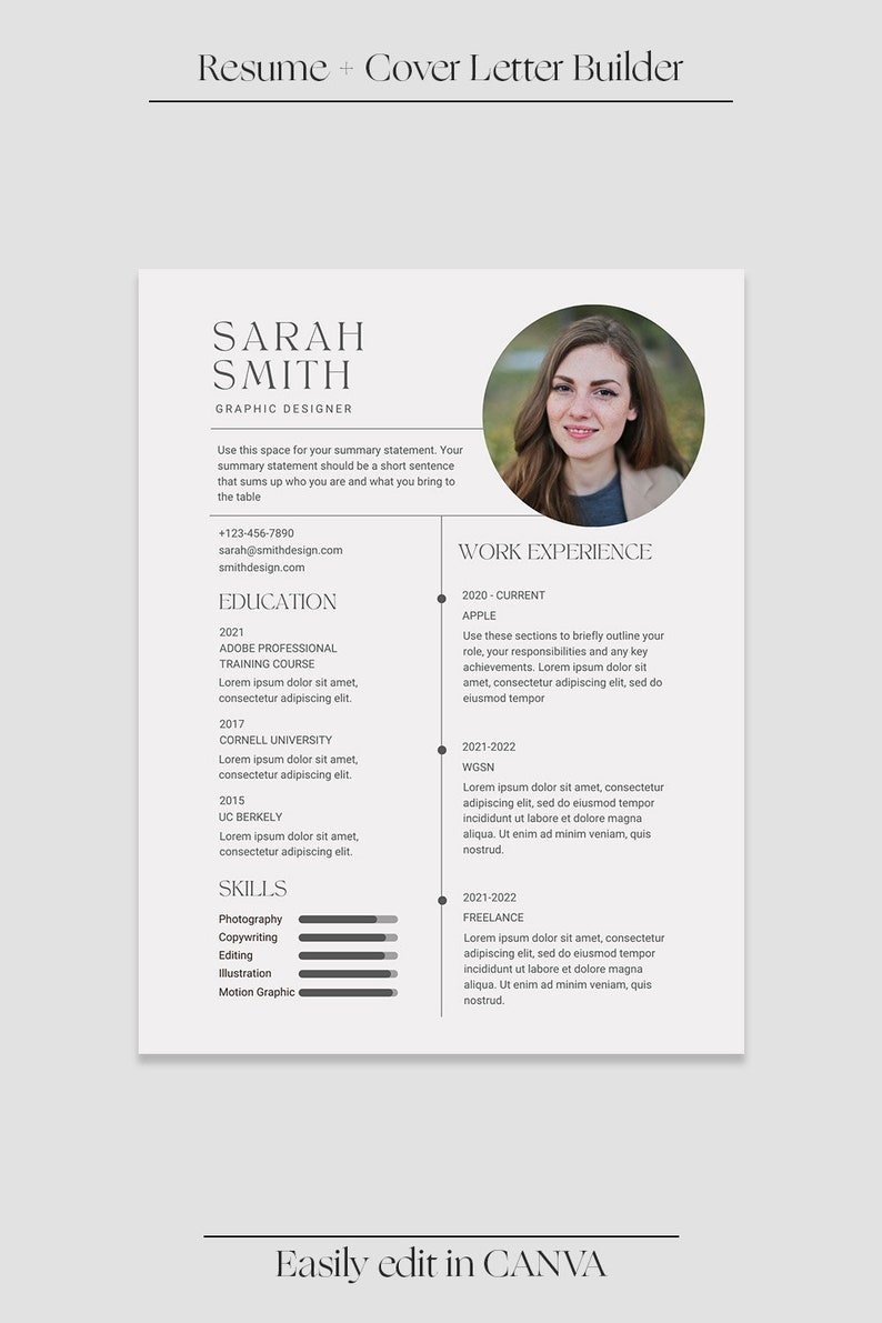 May include: A resume template with the name "SARAH SMITH" and the title "GRAPHIC DESIGNER." The resume includes sections for education, skills, and work experience. The text "Easily edit in CANVA" is at the bottom.