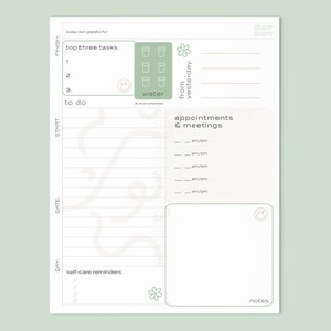 May include: A printable daily planner with sections for "top three tasks", "to do", "appointments & meetings", "self-care reminders", "notes", and "from yesterday". The planner has a green and white color scheme with a floral design.