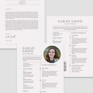 May include: A resume and cover letter template with a clean, minimalist design. The template features the name "SARAH SMITH" in a bold font, contact information, education, skills, and work experience sections. The phrase "Easily edit in CANVA" is at the bottom.