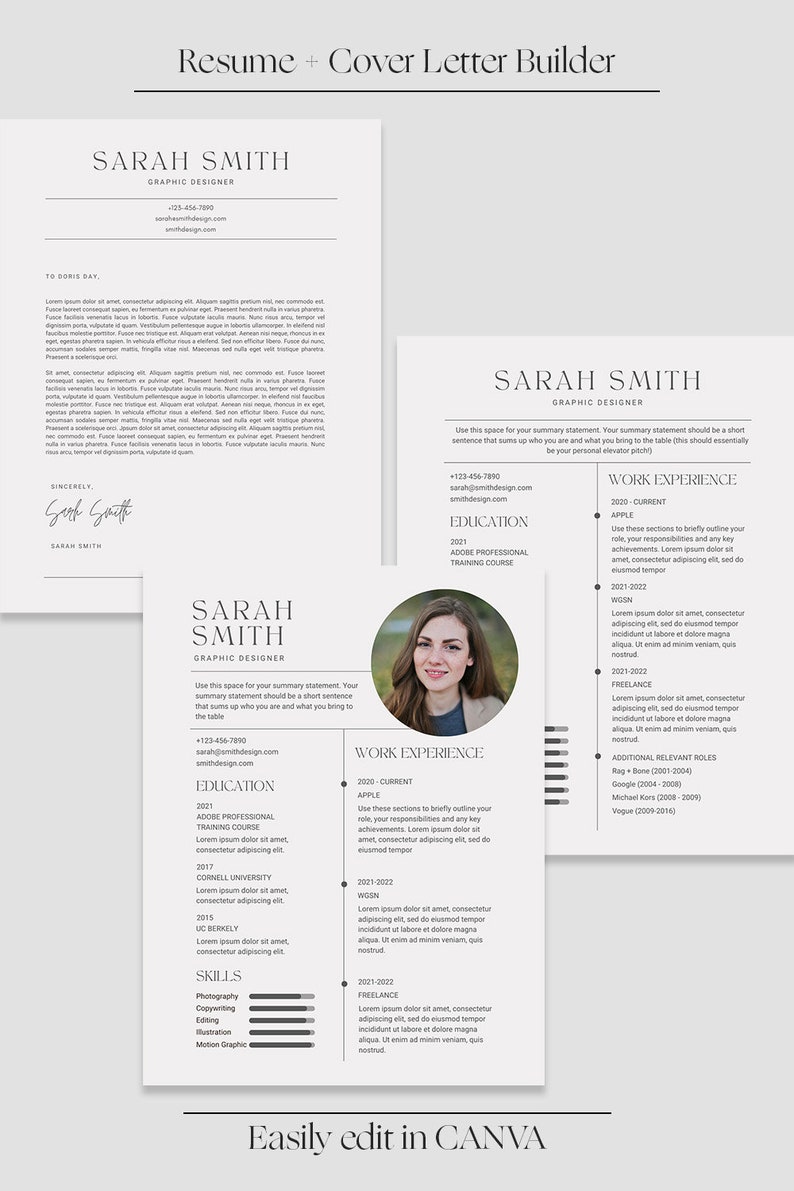 May include: A resume and cover letter template with a clean, minimalist design. The template features the name "SARAH SMITH" in a bold font, contact information, education, skills, and work experience sections. The phrase "Easily edit in CANVA" is at the bottom.