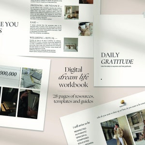 May include: A digital workbook titled "Digital dream life workbook" with a white background and black text. The workbook contains 28 pages of resources, templates, and guides. The text "Daily Gratitude" is also visible in the image.