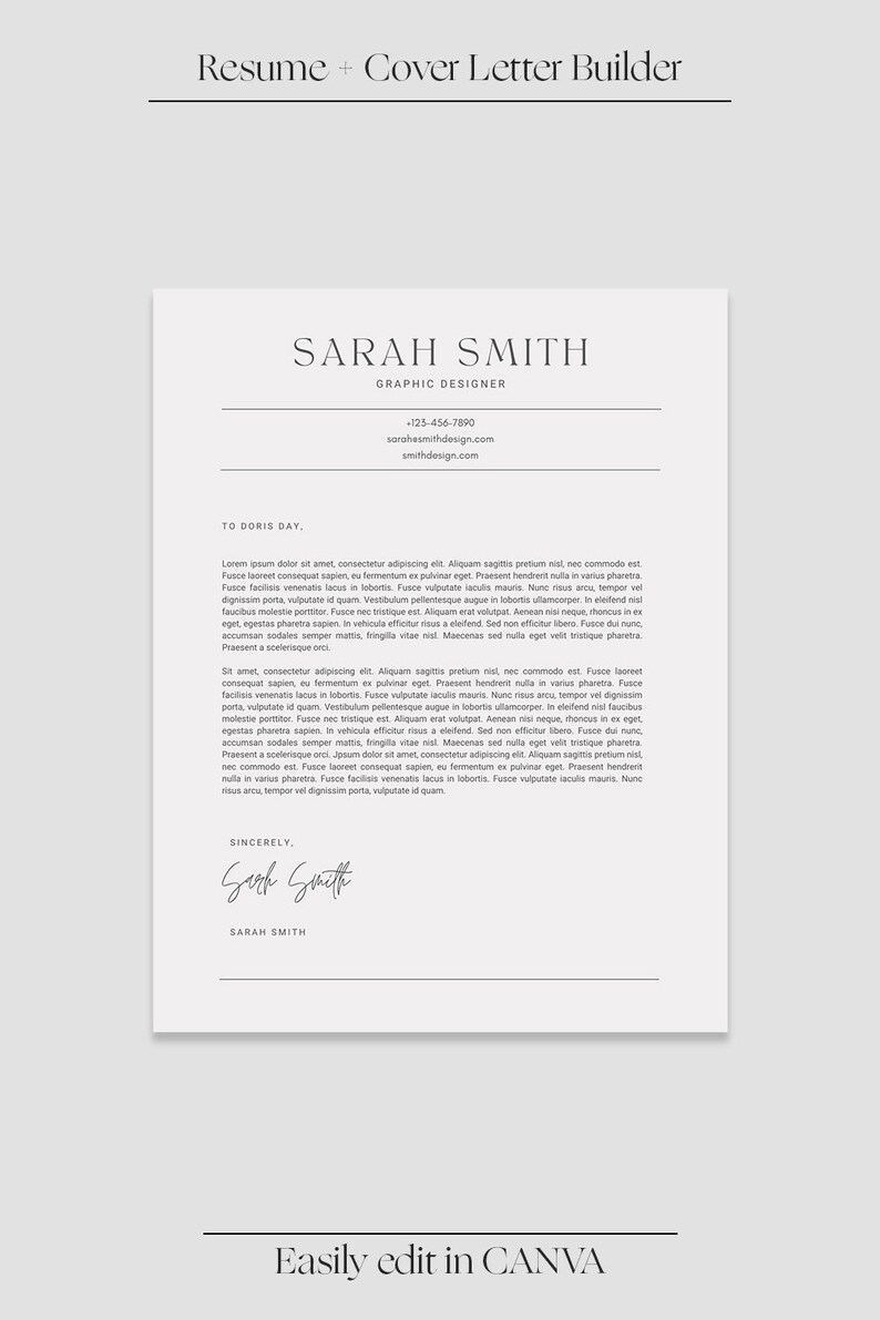 May include: A resume and cover letter template with the text "Resume + Cover Letter Builder" at the top. The template includes the name "SARAH SMITH" and contact information. The bottom of the template says "Easily edit in CANVA".