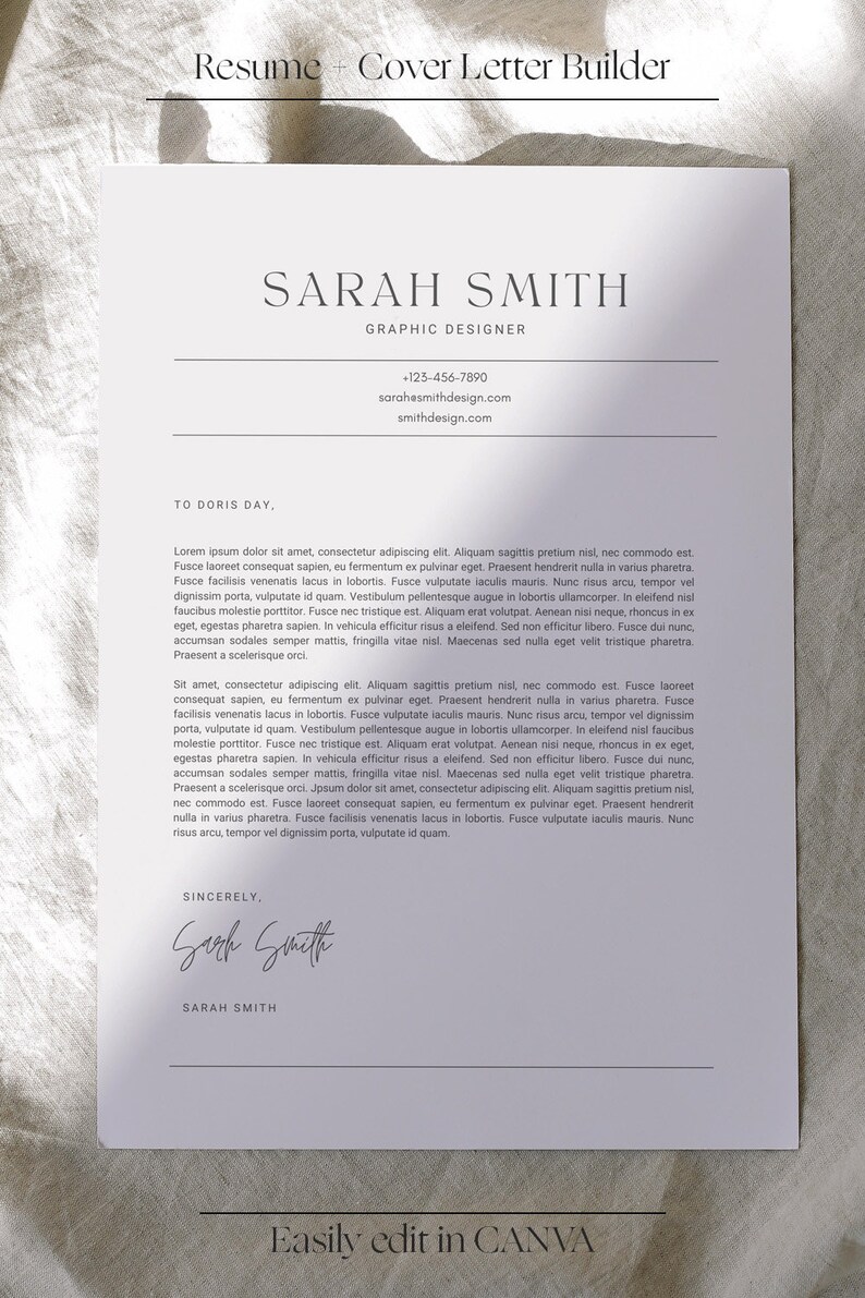 May include: A resume template with the name "SARAH SMITH" and the title "GRAPHIC DESIGNER" is displayed on a white paper. The text "Resume + Cover Letter Builder" is at the top. The bottom of the page says "Easily edit in CANVA".