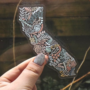 Clear California Floral Sticker. Weatherproof State Sticker. Vinyl Matte Sticker.