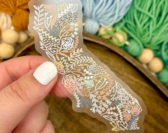 Clear California Floral Sticker. Weatherproof State Sticker. Vinyl Matte Sticker.