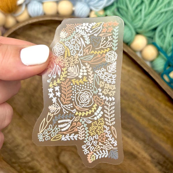 Clear Mississippi Floral Sticker. Weatherproof State Sticker. Vinyl Matte Sticker.