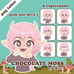 May include: Digital illustration of a pink-haired devil character with six different facial expressions. The character has horns, pointed ears, and a gray top. Text includes "png tuber", "pink hair devil 1", and "CHOCOLATE MOSS by pCole".