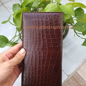 Cartera larga de cuero hecha a mano para hombre, bolso de mano con patrón, cartera de mano con cierre codificado, bolso de mano para teléfono móvil, cartera larga