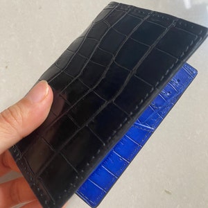 Handgefertigtes schwarz-blaues Leder-Kreditkartenetui, doppelseitig, echt – langes Portemonnaie, Clutch, Tragetasche, Handtasche, Rucksack