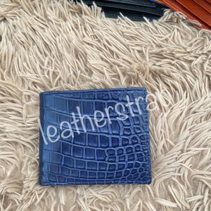 Carteira bifold masculina de pele de couro genuíno azul feita à mão cartão de crédito lado duplo