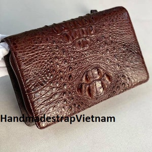 Bolso de mano hecho a mano con patrón de cuero para hombre, cartera de mano con cierre codificado, bolso de mano para teléfono móvil, cartera larga