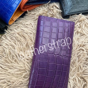 Cartera larga de cuero morado hecha a mano, unisex, para mujer y hombre, con cremallera