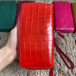 Cartera larga de cuero ROJO hecha a mano, unisex, para mujer y hombre.