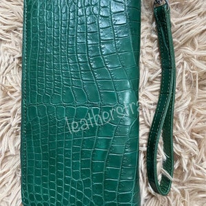 Cartera larga unisex verde hecha a mano, bolso de mano con patrón, cartera de mano, cartera con cerradura codificada, bolso de mano para teléfono móvil, cartera larga para mujer