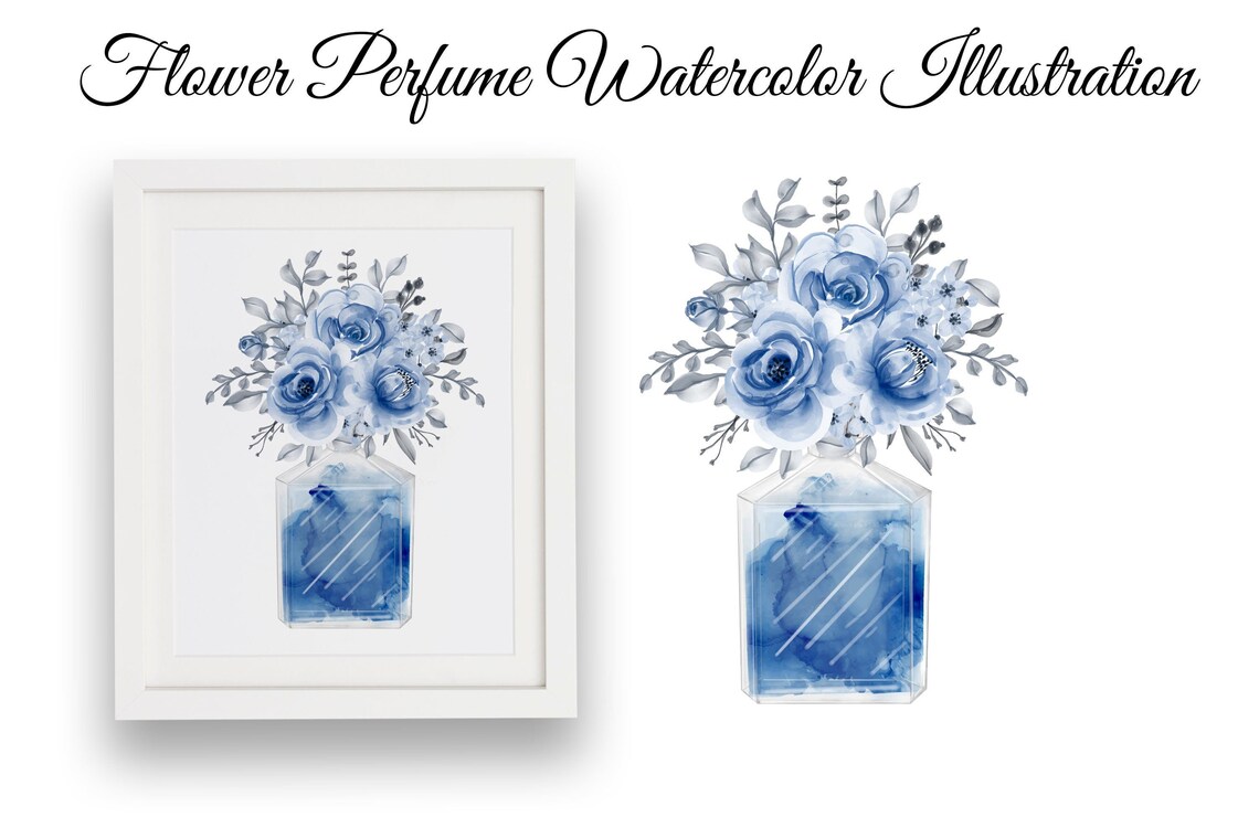 Perfume bottle with flower blue watercolor wall art Etsy